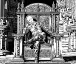  1boy armor bald boots cape crossed_legs elden_ring gloves greyscale grin head_rest kamezaemon leaning_to_the_side looking_at_viewer male_focus monochrome outdoors pants patches_(from_software) petals sitting smile solo teeth throne translation_request 