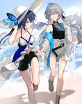  2girls alternate_costume bag bare_legs bare_shoulders black_headwear black_shorts blue_eyes blue_hair breasts bronya_rand butterfly_hair_ornament chinese_commentary collarbone couple earrings grey_eyes grey_hair hair_between_eyes hair_ornament hand_on_headwear hat highres holding_hands honkai:_star_rail honkai_(series) jacket jewelry looking_at_another medium_breasts mie_xing multiple_girls open_clothes open_jacket parted_lips seele_(honkai:_star_rail) shorts smile white_headwear white_shorts yuri 