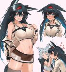  2girls :&lt; :d absurdres animal_ears arknights black_hair blaze_(arknights) blue_eyes blush breasts bright_pupils brown_skirt cat_ears cat_girl cat_tail closed_eyes closed_mouth collarbone crying crying_with_eyes_open ears_down extra_ears fang grey_hair grey_thighhighs grin hairband highres jacket kaguura_(kagu) kiss large_breasts long_hair long_sleeves looking_at_viewer miniskirt multiple_girls navel nose_blush open_clothes open_jacket open_mouth parted_lips red_eyes red_hairband rosmontis_(arknights) shirt single_thighhigh skirt smile stomach tail tank_top tears thighhighs white_jacket white_shirt 