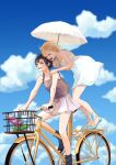  2girls aqua_footwear aqua_nails bicycle black_footwear black_hair blonde_hair blue_sky breasts closed_eyes cloud cloudy_sky dress grey_shirt grin highres holding holding_umbrella kingdom_hearts kingdom_hearts_iii medium_breasts medium_hair mukashino multiple_girls nail_polish namine open_mouth outdoors parasol plastic_bottle pleated_skirt riding riding_bicycle sandals shirt short_hair skirt sky sleeveless sleeveless_dress sleeveless_shirt smile sundress teeth toeless_footwear toenail_polish toenails umbrella white_dress white_skirt xion_(kingdom_hearts) 