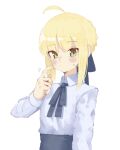  1girl ahoge artoria_pendragon_(fate) blonde_hair blush collared_shirt fate/stay_night fate_(series) finger_to_cheek green_eyes hair_ribbon high-waist_skirt highres long_sleeves looking_at_viewer neck_ribbon ribbon saber shirt sidelocks simple_background sketch skirt solo sweatdrop tenoo12 upper_body white_background 