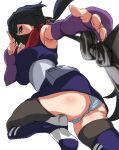  1girl absurdres armpits ass atamadarurun ayame_(gundam_build_divers) black_hair black_mask black_thighhighs breasts commentary elbow_gloves fingerless_gloves gloves gundam gundam_build_divers highres kunai large_breasts long_hair looking_at_viewer mask mouth_mask ninja ninja_mask panties purple_eyes purple_gloves red_scarf scarf solo split_ponytail thighhighs throwing underwear very_long_hair weapon white_background white_panties 