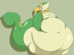  2023 anthro belly belly_squish big_belly bloocherrypie colored deep_navel digital_media_(artwork) generation_5_pokemon green_background green_body green_tail hand_on_stomach hi_res hyper hyper_belly looking_at_viewer male moobs navel nintendo obese obese_male overweight overweight_male pokemon pokemon_(species) red_eyes shaded simple_background smile snivy solo squish tail tan_body thick_tail thick_thighs 