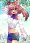  1girl :d arm_up belt belt_buckle black_shirt black_shorts blurry blurry_background breasts brown_belt brown_eyes brown_hair buckle commentary_request commission crop_top depth_of_field fang glasses hair_between_eyes kou_hiyoyo long_sleeves medium_breasts midriff multicolored_hair navel off-shoulder_shirt off_shoulder original petals ponytail puffy_long_sleeves puffy_sleeves purple-framed_eyewear shirt short_shorts shorts skeb_commission sleeveless sleeveless_shirt sleeves_past_wrists smile solo streaked_hair white_shirt 