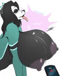  2023 anthro areola big_breasts biped black_hair breast_expansion breasts canid canine canis domestic_dog expansion eyes_closed female hair hi_res huge_breasts mammal nipples nude open_mouth sagestrike2_(artist) side_view solo tongue tongue_out 
