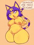  absurd_res animal_crossing ankha_(animal_crossing) anthro areola behniis big_breasts blue_hair breasts domestic_cat english_text felid feline felis female genitals hair hi_res huge_thighs looking_at_viewer mammal markings nintendo nipples nude open_mouth orange_areola orange_nipples pubes purple_eyes pussy slightly_chubby solo speech_bubble striped_markings striped_tail stripes tail tail_markings text thick_thighs 