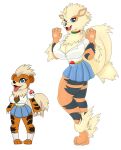  anthro arcanine big_breasts blue_eyes bottomwear breasts clothed clothing collar duo female fur generation_1_pokemon growlithe hair hi_res huge_breasts legwear necktie nintendo orange_body pokeball pokemon pokemon_(species) simple_background skirt tail tongue uniform urusee584 white_background white_body white_fur white_hair 