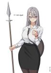  1girl absurdres black_pantyhose black_skirt collared_shirt commentary english_commentary english_text formal glasses grey_hair hair_between_eyes highres holding holding_polearm holding_weapon long_hair long_sleeves mawaridi mole mole_under_eye office_lady orange_eyes original pantyhose polearm shield shirt simple_background skirt skirt_suit solo spear straight_hair suit twitter_username weapon white_background white_shirt 