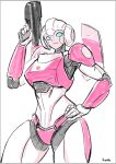  1girl arcee autobot blue_eyes breasts gun hand_on_own_hip handgun helmet highres holding holding_gun holding_weapon humanoid_robot lutherniel medium_breasts no_humans panties pink_panties robot smile thick_thighs thighs transformers underwear weapon white_background 