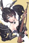  1girl :d animal_ears black_hair blue_eyes detached_collar earphones elbow_gloves fake_animal_ears fang fingerless_gloves garrison_cap gloves gun hat highres holding holding_gun holding_weapon leotard looking_at_viewer mecha_musume original playboy_bunny rabbit_ears rifle samaru_(seiga) short_hair skin_fang smile solo strapless strapless_leotard throat_microphone two-tone_background weapon weapon_request white_background yellow_background 