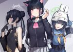  3girls :o absurdres adjusting_clothes adjusting_headwear animal_ears black_choker black_coat black_dress black_gloves black_hair black_sweater blue_archive blue_serafuku blue_skirt blunt_bangs cat_ears cat_girl china_dress chinese_clothes choker coat colored_inner_hair commentary_request double_bun dress extra_ears gloves green_eyes grey_eyes hair_bun hair_ornament hairclip halo hand_in_pocket hand_on_own_hip head_tilt helmet highres hood hooded_sweater kazusa_(blue_archive) kisaki_(blue_archive) long_hair long_sleeves looking_at_another looking_at_viewer multicolored_hair multiple_girls open_clothes open_coat pelvic_curtain pendant_choker pleated_skirt print_dress red_eyes saki_(blue_archive) school_uniform serafuku short_hair side_slit sidelocks simple_background skirt sleeveless sleeveless_dress sweatdrop sweater turtleneck twintails two-tone_hair v-shaped_eyebrows wavy_mouth white_skirt yoshiki_(dimentiondimention) 