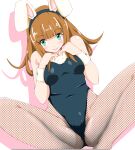  1girl animal_ears black_leotard black_pantyhose blunt_bangs bow bowtie breasts brown_hair closed_mouth commentary covered_navel detached_collar fake_animal_ears fishnet_pantyhose fishnets from_above fur-trimmed_leotard green_eyes hands_on_own_chest highleg highleg_leotard kunney leotard lying medium_breasts medium_hair on_back original pantyhose playboy_bunny rabbit_ears shadow simple_background smile solo spread_legs strapless strapless_leotard white_background wrist_cuffs 