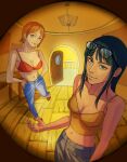  2girls bare_arms bare_shoulders bikini bikini_top_only black_hair blue_eyes blunt_bangs closed_mouth dark-skinned_female dark_skin eyewear_on_head full_body glasses highres indoors korean_commentary long_hair looking_at_viewer midriff multiple_girls nami_(one_piece) navel nico_robin one_piece orange_eyes orange_hair smile swimsuit tongue tongue_out ttippo-o v-shaped_eyebrows 