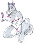  akita anthro artist_watermark beverage big_breasts bikini blue_eyes breasts canid canine canis clothing colored_nails domestic_dog female hand_pads hesk hi_res humanoid husky inu looking_at_viewer mammal nails navel nordic_sled_dog pink_nose shiba_inu sitting sketch smile solo spitz swimwear thehuntingwolf thick_thighs 