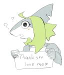  5_fingers anthro cat_pepper cute_fangs digital_drawing_(artwork) digital_media_(artwork) english_text eyelashes female fin fingers fish frown green_hair grey_body grey_skin hair holding_object holding_sign long_hair looking_at_viewer mammal marine multicolored_body notched_fin open_frown open_mouth portrait roji_(cat_pepper) shark sign simple_background snaggle_tooth solo teeth text text_on_sign two_tone_body white_body white_skin 