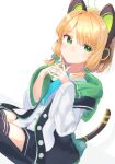  1girl animal_ear_headphones animal_ears black_skirt black_thighhighs blonde_hair blue_archive blue_necktie blush cat_tail closed_mouth collared_shirt fake_animal_ears green_eyes green_halo halo headphones highres jacket long_sleeves looking_at_viewer midori_(blue_archive) necktie noko_(nco029685627) shirt short_hair simple_background skirt solo tail thighhighs two-sided_fabric two-sided_jacket white_background white_jacket white_shirt 