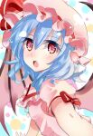  1girl bat_wings blue_hair commentary_request fang hat hat_ribbon looking_at_viewer mob_cap multicolored_background nagare open_mouth pink_headwear red_eyes red_ribbon remilia_scarlet ribbon short_hair short_sleeves solo touhou upper_body wings 