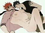  2boys abs algaebog arm_tattoo averting_eyes bara barbell_piercing bare_pectorals bottomless eustass_kid facial_hair feeling_muscles feet_out_of_frame finger_tattoo goatee goggles goggles_on_head grabbing hand_on_another&#039;s_stomach highres knee_up large_pectorals long_sideburns lying male_focus mouth_hold multiple_boys muscular muscular_male muscular_uke necktie necktie_in_mouth nipple_piercing nipples on_back one_piece pectoral_grab pectorals piercing red_hair scar scar_on_chest short_hair sideburns stomach tattoo toned toned_male trafalgar_law v-taper yaoi 