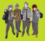  4boys bag belt black_hair breast_pocket brown_footwear collared_shirt colored_tips dark_skin diagonal-striped_necktie earphones fangs full_body fuwa_minato gradient_hair green_background green_eyes hair_ornament hair_over_one_eye hairpin hands_in_pockets highres holding holding_phone ibrahim_(nijisanji) kuzuha_(nijisanji) lauren_iroas loafers male_focus milk_carton multicolored_hair multiple_boys nijisanji pants pen_in_pocket phone pocket pointy_ears purple_eyes purple_hair red_eyes red_hair school_bag school_uniform shirt shirt_partially_tucked_in shirt_tucked_in shoes short_hair simple_background sneakers standing streaked_hair sweater sweater_vest v virtual_youtuber white_hair white_shirt zmzm_hiji 