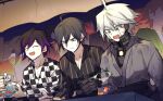  1girl 4boys :d ahoge alternate_costume android bag black_kimono checkered_clothes checkered_kimono collarbone crowd danganronpa:_trigger_happy_havoc danganronpa_(series) danganronpa_2:_goodbye_despair danganronpa_v3:_killing_harmony fish fujisaki_chihiro goldfish goldfish_scooping happy headphones highres holding holding_bag japanese_clothes k1-b0 kimono multiple_boys oma_kokichi palaeng-i_(parange022_dan) power_armor saihara_shuichi saionji_hiyoko smile striped striped_kimono sweat teeth twintails upper_teeth_only 