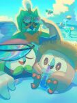  adjusting_eyewear beach book bright_pupils brown_eyes closed_eyes cloud commentary_request cup dartrix day decidueye drinking drinking_straw evolutionary_line highres holding holding_cup lapras mokukitusui no_humans outdoors pokemon pokemon_(creature) rowlet shadow sky sunglasses water 