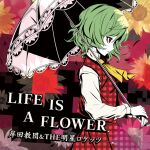  1girl album_cover ascot black_background circle_name collared_shirt cover cowboy_shot english_text eyelashes floral_background floral_print from_side frown game_cg green_hair hand_on_hand holding holding_umbrella kazami_yuuka kijimoto_yuuhi kishida_kyoudan_&amp;_the_akeboshi_rockets lace-trimmed_umbrella long_sleeves official_art open_clothes open_vest parasol parted_lips pink_background plaid plaid_skirt plaid_vest red_eyes red_skirt red_vest shirt short_hair skirt skirt_set solo touhou touhou_cannonball two-tone_background umbrella vest wavy_hair white_shirt white_umbrella yellow_ascot 