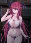  1girl bat_wings bikini blurry bookshelf breasts collarbone commentary_request cowboy_shot depth_of_field hair_between_eyes hair_over_breasts head_wings highres koakuma large_breasts lips long_hair looking_at_viewer navel parted_lips playing_with_own_hair purple_bikini raised_eyebrow red_eyes red_hair sidelocks skindentation slit_pupils solo swimsuit touhou very_long_hair vision_(artist) wings 
