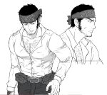  1boy arms_at_sides bara beard beard_stubble belt buzz_cut chest_hair_peek collared_shirt facial_hair from_side golden_kamuy greyscale isomine large_pectorals long_sideburns looking_ahead male_focus mature_male monochrome multiple_views muscular muscular_male pants pectoral_cleavage pectorals profile sanpaku scar scar_on_cheek scar_on_face serious shirt short_hair sideburns tanigaki_genjirou thick_eyebrows v-shaped_eyebrows very_short_hair 