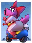  absurd_res anthro avian big_butt bird birdo boots bow_ribbon butt clothed clothing eyelashes female footwear fully_clothed hi_res looking_at_viewer looking_back looking_back_at_viewer mario_bros motorcycle nintendo pink_body potoobrigham rear_view sitting solo spiked_tail spikes spikes_(anatomy) thick_thighs vehicle 
