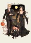  &gt;_&lt; 1boy 2girls addams_family anya_(spy_x_family) black_dress black_hair black_vest blonde_hair bond_(spy_x_family) braid child cosplay dog dress family father_and_daughter food full_moon gomez_addams gomez_addams_(cosplay) halloween holding holding_food holding_pumpkin holding_vegetable kadeart long_sleeves moon morticia_addams morticia_addams_(cosplay) mother_and_daughter multicolored_hair multiple_girls necktie pink_hair pumpkin red_necktie shoes spy_x_family thing_(addams_family) twilight_(spy_x_family) twin_braids two-tone_hair vegetable vest wednesday_(netflix) wednesday_addams wednesday_addams_(cosplay) white_fur yor_briar 