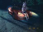  1girl animal_ears black_footwear blue_skirt car collared_shirt commission convertible highres holding license_plate looking_at_viewer motor_vehicle night nougat_(73r1r1) on_vehicle outdoors photo_background purple_eyes purple_hair rabbit_ears reisen_udongein_inaba shadow shirt sitting skirt socks solo sports_car timestamp touhou v vehicle_request white_socks 