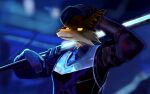 16:10 ambiguous_gender anthro blade blue_clothing blue_necktie blurred_background canid canine clothing crossover delp epic_games fennix_(fortnite) fortnite fox glowing glowing_blade glowing_eyes hand_behind_head hat headgear headwear hi_res hong_lu_(limbus_company) limbus_company male_(lore) mammal melee_weapon necktie project_moon protective_gear solo sword uniform warp_corporation weapon widescreen yellow_eyes 