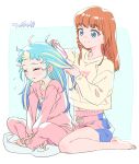  2girls barefoot blonde_hair blue_eyes blue_hair braid brushing_another&#039;s_hair brushing_hair closed_eyes closed_mouth commentary_request fang flying_sweatdrops full_body hair_brush hair_down hibino_matsuri holding holding_another&#039;s_hair holding_hair_brush indian_style long_hair long_sleeves looking_at_another midriff_peek multicolored_hair multiple_girls murakami_hisashi myamu orange_hair pajamas pants pink_pants pink_shorts pink_sweater pretty_(series) shorts side_braid sitting smile streaked_hair sweater translation_request v_arms waccha_primagi! wariza yellow_sweater 