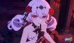  1girl bare_arms bare_shoulders black_dress black_gloves breasts chinese_commentary dress finger_to_mouth flower gloves hair_flower hair_ornament highres honkai_(series) honkai_impact_3rd logo long_hair looking_at_viewer official_art official_wallpaper parted_lips red_eyes red_flower red_rose rose shushing small_breasts solo theresa_apocalypse theresa_apocalypse_(luna_kindred) upper_body white_hair 