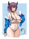  1girl ahoge animal_ears arknights bare_shoulders bell black_choker blue_jacket blush breasts choker commentary_request cow_print_bikini cup drinking_glass drinking_straw fangs_(fangs_art) groin hand_up highres holding holding_cup horns huge_breasts jacket large_breasts long_sleeves looking_at_viewer navel neck_bell off_shoulder purple_hair short_hair sideroca_(arknights) solo standing stomach tail thighs yellow_eyes 