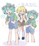  asechiruk basil_(omori) black_footwear black_shirt blonde_hair blue_pants blush brown_pants closed_eyes flower green_hair green_shirt hair_flower hair_ornament highres no_shoes omori open_mouth pants shirt surprised 