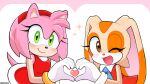  &lt;3 2023 4622j 5_fingers accessory amy_rose anthro black_nose blush brown_eyes brown_nose clothed clothing cream_the_rabbit dipstick_ears duo eulipotyphlan eyelashes female fingers fur gloves green_eyes hair_accessory hairband handwear hedgehog lagomorph leporid looking_at_viewer mammal multicolored_ears one_eye_closed open_mouth open_smile pink_body pink_fur rabbit sega simple_background smile sonic_the_hedgehog_(series) tan_body tan_fur white_background wink 