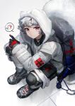  1boy arknights backpack bag carabiner crying fox_boy gloves grey_hair highres hood hooded_jacket infection_monitor_(arknights) jacket looking_at_viewer male_focus on_floor pointing qanipalaat_(arknights) sad shirt sitting solo white_shirt yyb 
