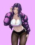  1girl black_shorts boku_no_hero_academia breasts brown_pantyhose cleavage commentary cowboy_shot crop_top forehead jacket lady_nagant large_breasts long_hair long_sleeves looking_at_viewer meziosaur midriff navel open_clothes open_jacket pantyhose purple_background purple_eyes purple_hair purple_jacket shirt short_shorts shorts simple_background solo standing stomach thighs white_shirt 
