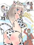  1boy 1girl aa-12_(girls&#039;_frontline) animal_ears animal_print arm_warmers ass bell beret bikini black_necktie blue_eyes blush coat commander_(girls&#039;_frontline) cow_ears cow_girl cow_horns cow_print cow_tail cowbell cowboy_shot doboru_(pixiv20862474) embarrassed fake_animal_ears gas_mask girls&#039;_frontline griffin_&amp;_kryuger_military_uniform hat highres horns jacket light_brown_hair long_hair looking_at_viewer mask multiple_views necktie open_mouth print_bikini red_coat shirt swimsuit tail thighhighs white_jacket white_shirt 