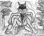  absurd_res anthro big_feet body_hair canid canine canis chest_hair feet fokopoko grass hair hair_over_eye hi_res ink inviting long_legs male mammal nature nature_background one_eye_obstructed plant rock sitting_on_stump skinny were werecanid werecanine werewolf wolf 