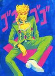  1boy belt blonde_hair blue_background braid closed_mouth colored_skin giorno_giovanna green_belt green_jacket green_pants jacket jojo_no_kimyou_na_bouken limited_palette long_hair looking_at_viewer male_focus pants pectoral_cleavage pectorals rvsa solo white_footwear yellow_skin 