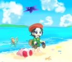  1girl adeleine animal_ears barefoot beach black_hair blue_sky blush_stickers cloud colored_skin commentary_request elfilin kirby kirby_(series) kirby_and_the_forgotten_land lying mouse_ears notched_ear ocean pink_skin portal_(object) rasu_(pixiv9799832) shoes sky standing unworn_shoes wavy_mouth 