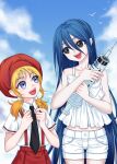 2girls :d aged_down bare_arms bare_shoulders beret bird black_eyes black_necktie blonde_hair blue_eyes blue_hair blue_sky bow camisole cang_yue_(tou_xing_jiuyue_tian) clenched_hands cloud collared_shirt cowboy_shot frilled_camisole frills hair_between_eyes hands_up hat highres holding holding_syringe kumu_zaisheng large_syringe long_hair looking_at_another low_twintails medium_hair midriff multiple_girls necktie outdoors oversized_object red_headwear red_skirt shirt short_shorts short_sleeves shorts skirt sky smile suspender_skirt suspenders syringe teeth tou_xing_jiuyue_tian twintails upper_body upper_teeth_only very_long_hair white_bow white_camisole white_shirt white_shorts yi_yue_(tou_xing_jiuyue_tian) 
