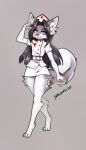  4_toes anthro black_hair canid canine canis clothed clothing crossdressing domestic_dog dragonfu feet fluffy fluffy_tail gesture grey_(character) grey_(greywolf570) hair hi_res husky hybrid long_hair looking_at_viewer male mammal nordic_sled_dog nurse_clothing nurse_uniform paws salute solo spitz standing tail toes uniform wolf 
