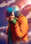  1girl absurdres artist_name bangs blookarot blue_hair blue_sky cloud cloudy_sky earrings ed_edd_n_eddy english_commentary freckles green_eyes highres jacket jewelry long_sleeves makeup marie_kanker orange_jacket short_hair sky solo tears upper_body 