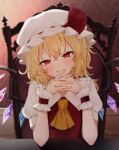  1girl ascot blonde_hair blush closed_mouth collared_shirt crystal flandre_scarlet hair_between_eyes hat highres honotai long_hair looking_at_viewer mob_cap one_side_up orange_ascot puffy_short_sleeves puffy_sleeves red_eyes shirt short_sleeves signature smile solo touhou upper_body white_headwear white_shirt wings wrist_cuffs 