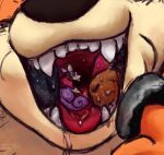  2020 arcanine blush blush_lines bodily_fluids drooling duo eyes_closed feral generation_1_pokemon head_tilt in_mouth looking_at_viewer looking_back looking_back_at_viewer nintendo open_mouth pokemon pokemon_(species) raster_dreams rattata saliva signature 