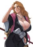  1girl adjusting_hair arm_up badge black_kimono bleach blonde_hair blue_eyes breasts closed_mouth facing_to_the_side fukutaichou_badge hand_on_own_hip highres japanese_clothes jewelry katana kimono large_breasts law_kim lips long_hair matsumoto_rangiku mole mole_under_mouth necklace o-ring pink_shawl shawl sheath sheathed short_sleeves solo sword weapon white_background wide_sleeves zanpakutou 