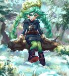  1girl black_footwear blush_stickers boots braid brown_mittens child closed_mouth commentary_request day eyelashes female_child fur_hat green_eyes green_hair green_headwear green_pantyhose hair_between_eyes hat highres hood hoodie long_hair looking_at_viewer mittens outdoors pantyhose pokemon pokemon_(game) pokemon_legends:_arceus rui_(lruirui0521) sabi_(pokemon) sitting skirt smile snow solo twin_braids twintails 